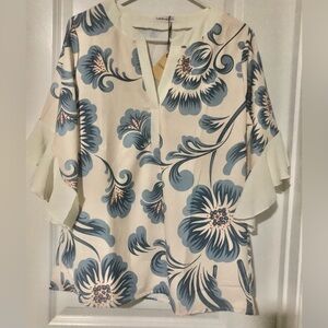 Cherry Betty Cream Floral Split-Neck Tunic with Blue Print~NWT~